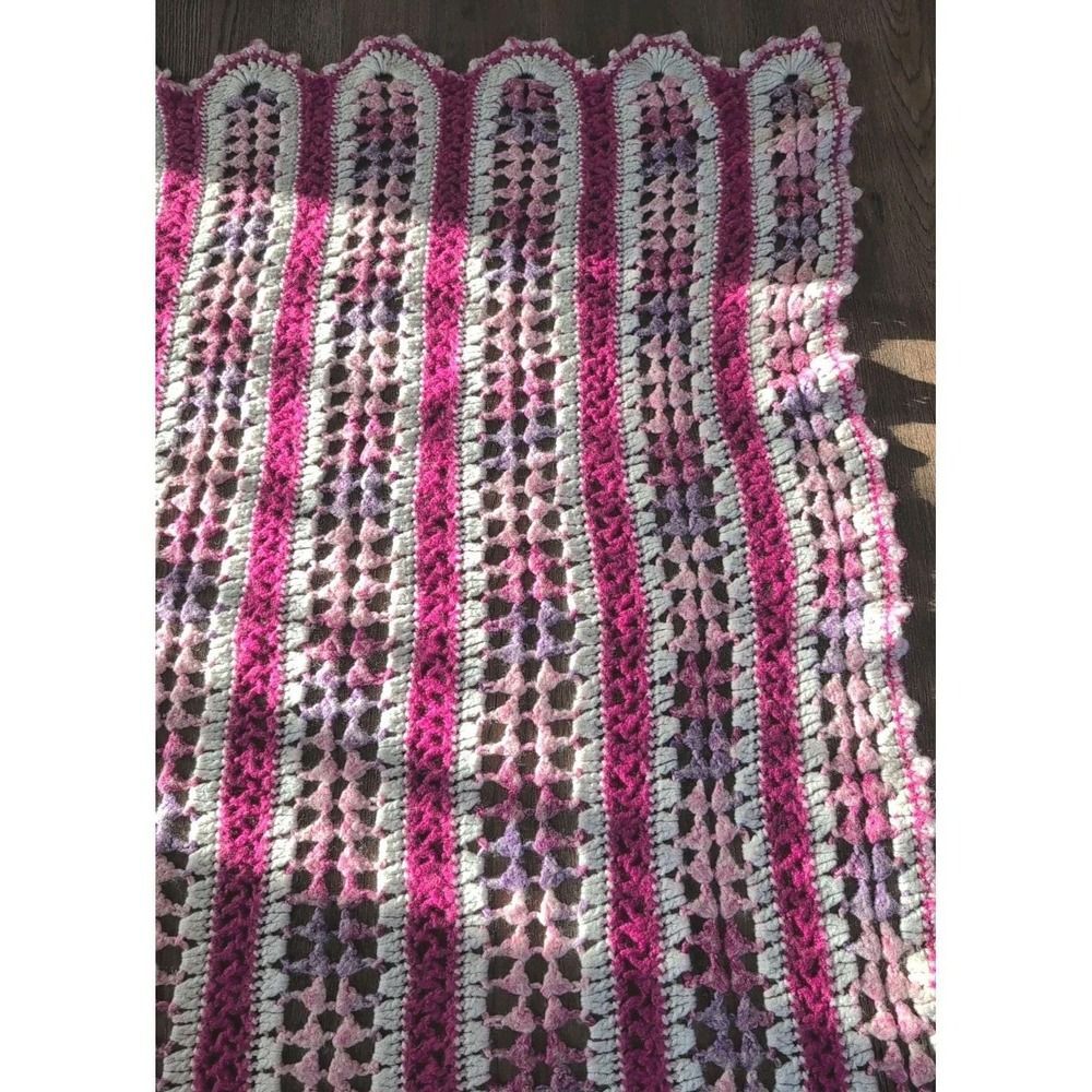 Vintage Handmade Crochet Knit Afghan Throw Blanket Pink White Purple SQ 48x48